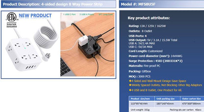 4-sided 8 Way Power Strip Surge Protector/ Extension Cord