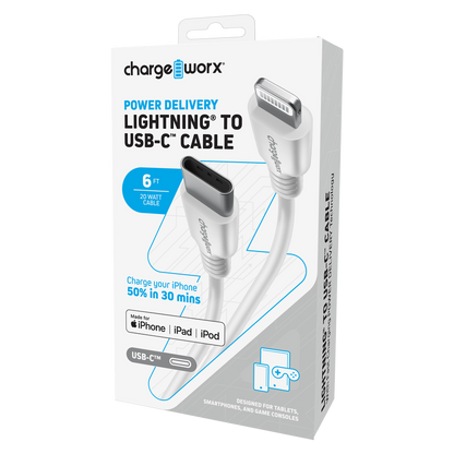 Chargeworx Power Delivery Lighting to Type C Cable 6ft White