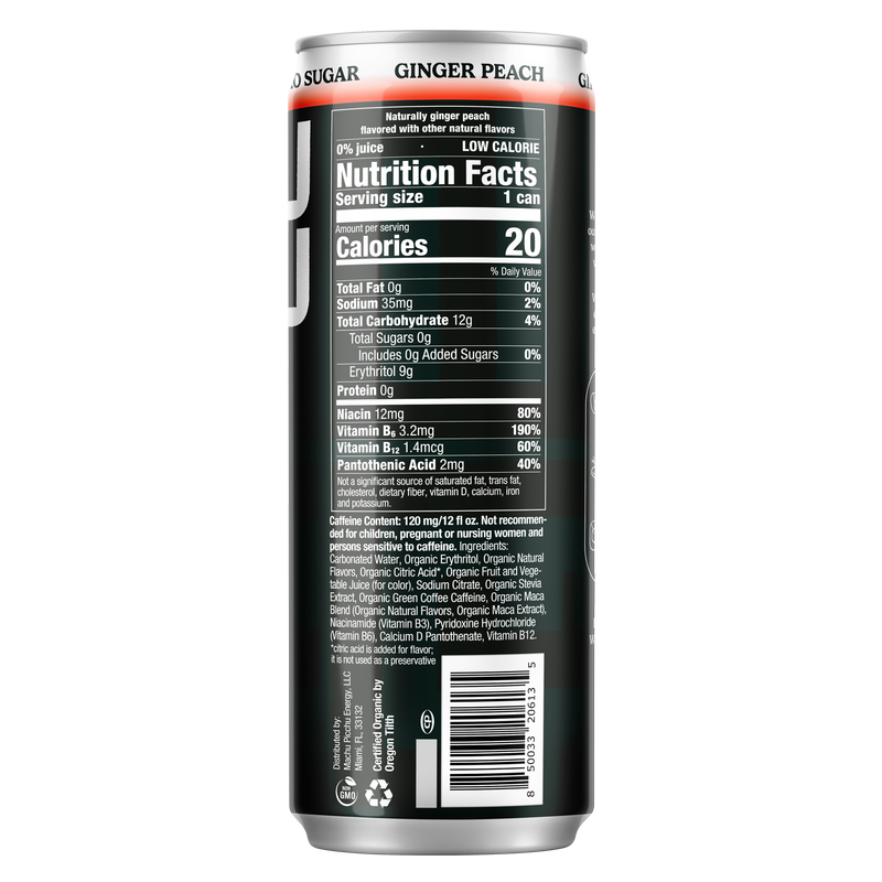 Machu Picchu Ginger Peach Energy Drink Zero Sugar 12oz Can