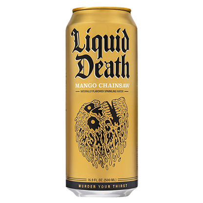 Liquid Death Sparkling Mountain Water Mango Chainsaw 16.9oz Can