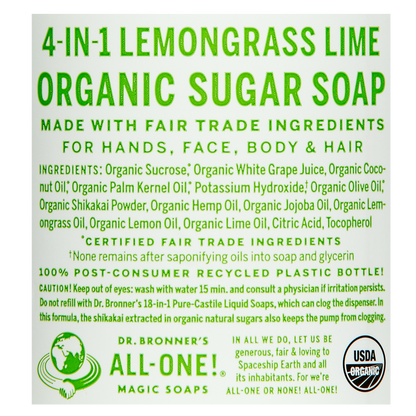 Dr. Bronner's Organic Sugar Soap Lemongrass Lime 12oz