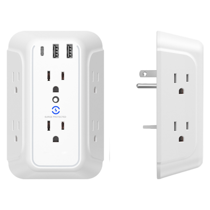 USB Wall Charger/Surge Protector 6-Outlet Extender with 2 USB Charging Ports 3-Sided Power Strip with Adapter Spaced Outlets