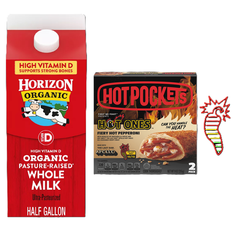 Hot Ones Fiery Hot Pepperoni Hot Pocket & Organic Vitamin D Milk Bundle